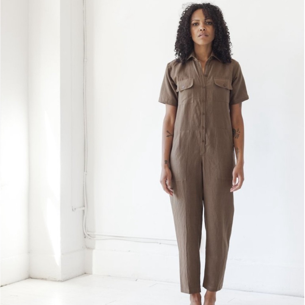 Ozma silk linen short-sleeve painter jumpsuit